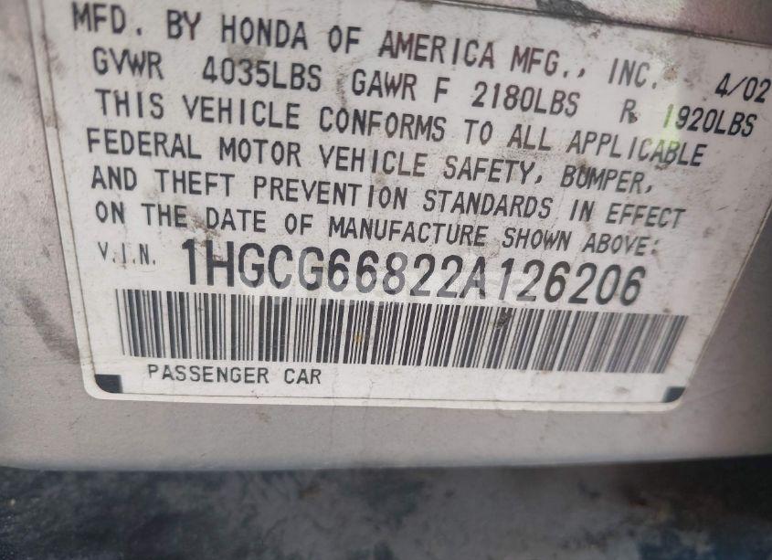 Photo 9 of 2002 Honda Accord 2.3 EX/2.3 SE (VIN 1HGCG66822A126206)