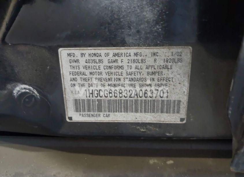 Photo 9 of 2002 Honda Accord 2.3 EX/2.3 SE (VIN 1HGCG66832A063701)