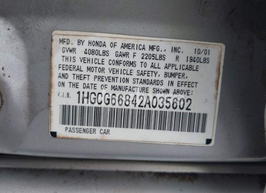 Photo 9 of 2002 Honda Accord 2.3 EX/2.3 SE (VIN 1HGCG66842A035602)