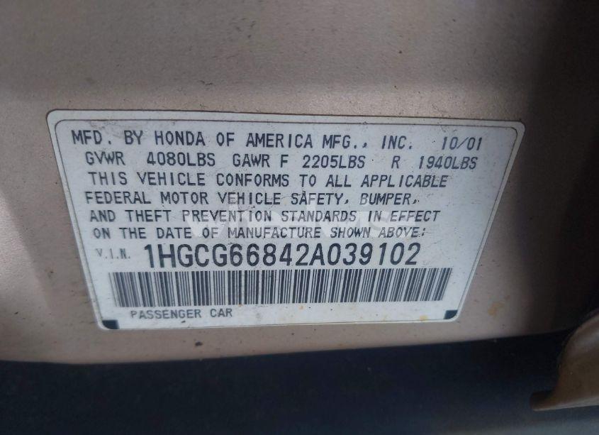 Photo 9 of 2002 Honda Accord 2.3 EX/2.3 SE (VIN 1HGCG66842A039102)