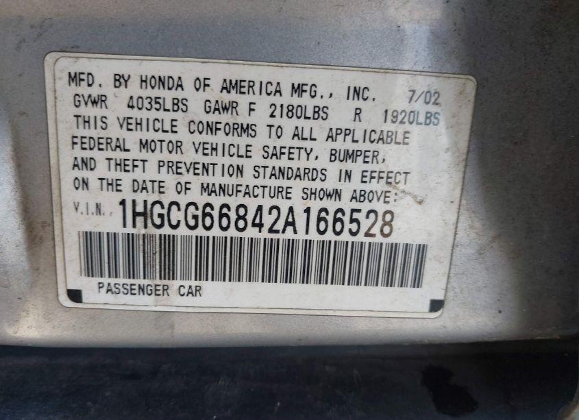 Photo 9 of 2002 Honda Accord 2.3 EX/2.3 SE (VIN 1HGCG66842A166528)