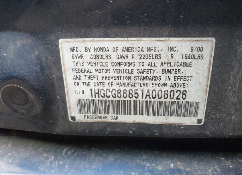 Photo 9 of 2001 Honda Accord 2.3 EX (VIN 1HGCG66851A006026)