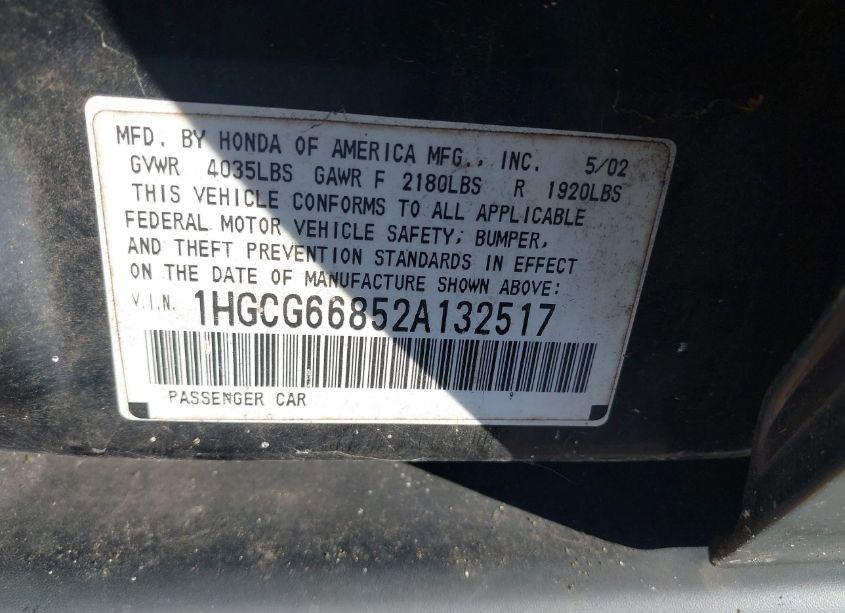 Photo 9 of 2002 Honda Accord 2.3 EX/2.3 SE (VIN 1HGCG66852A132517)