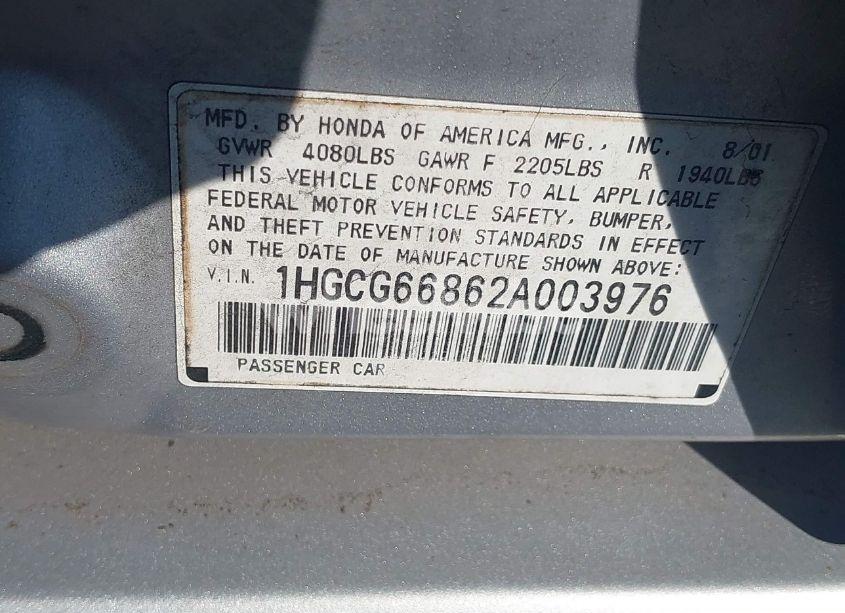 Photo 9 of 2002 Honda Accord 2.3 EX/2.3 SE (VIN 1HGCG66862A003976)