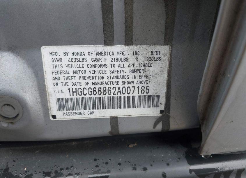 Photo 9 of 2002 Honda Accord 2.3 EX/2.3 SE (VIN 1HGCG66862A007185)