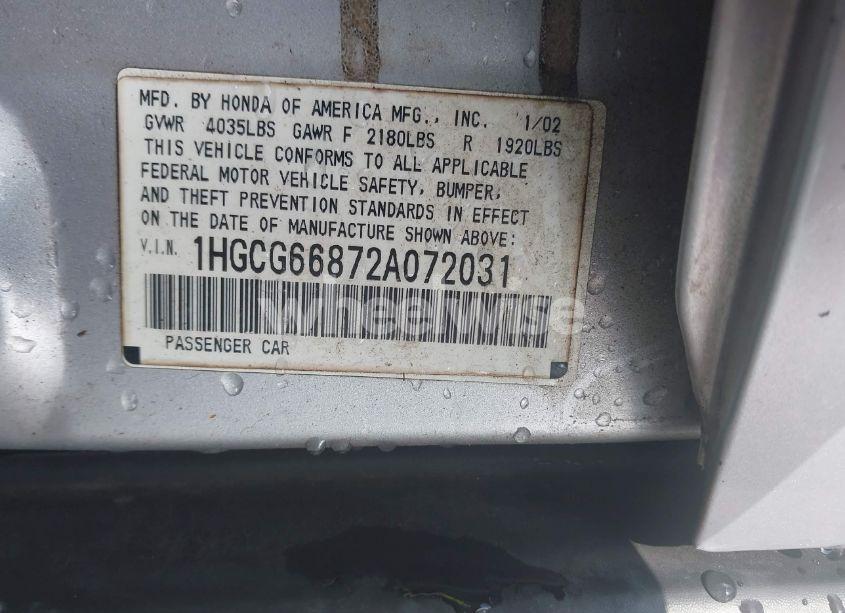 Photo 9 of 2002 Honda Accord 2.3 EX/2.3 SE (VIN 1HGCG66872A072031)