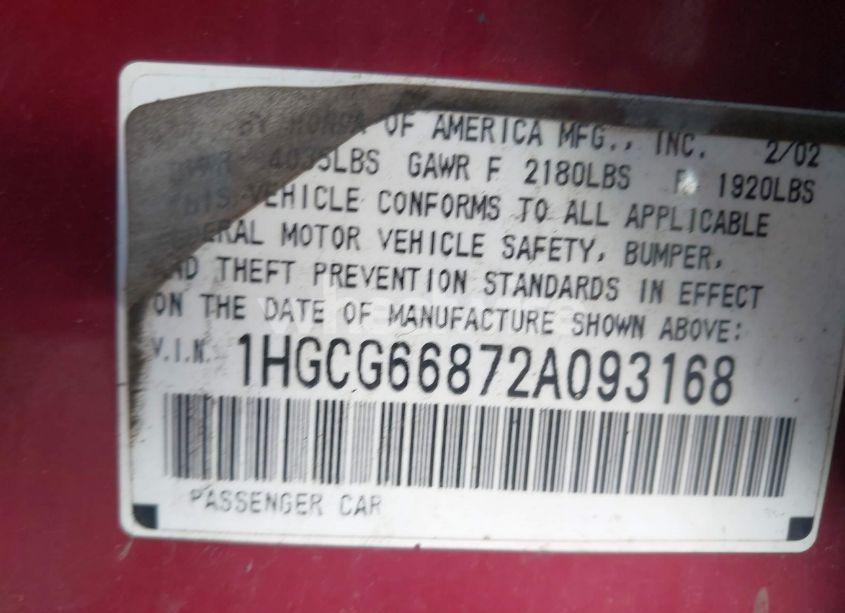 Photo 9 of 2002 Honda Accord 2.3 EX/2.3 SE (VIN 1HGCG66872A093168)