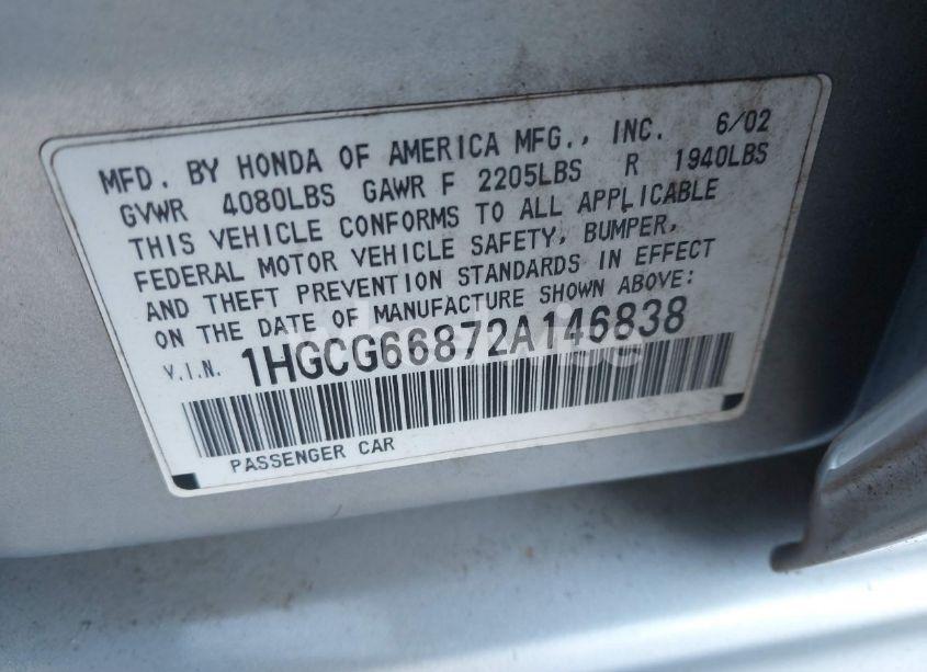 Photo 9 of 2002 Honda Accord 2.3 EX/2.3 SE (VIN 1HGCG66872A146838)
