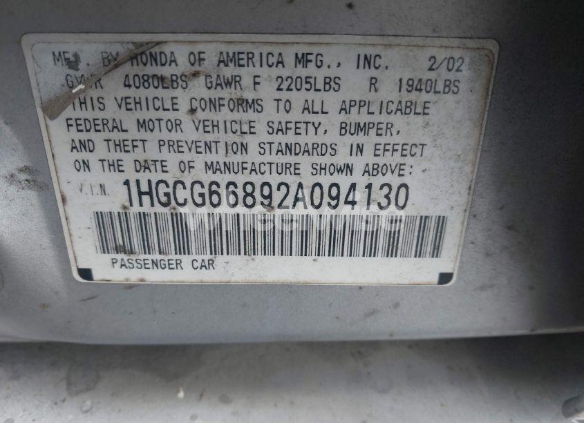Photo 9 of 2002 Honda Accord 2.3 EX/2.3 SE (VIN 1HGCG66892A094130)