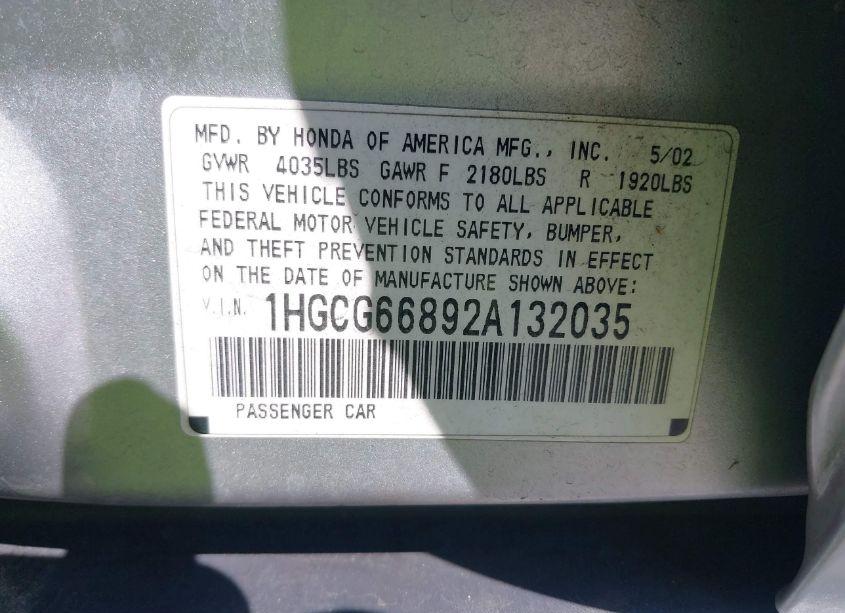 Photo 9 of 2002 Honda Accord 2.3 EX/2.3 SE (VIN 1HGCG66892A132035)