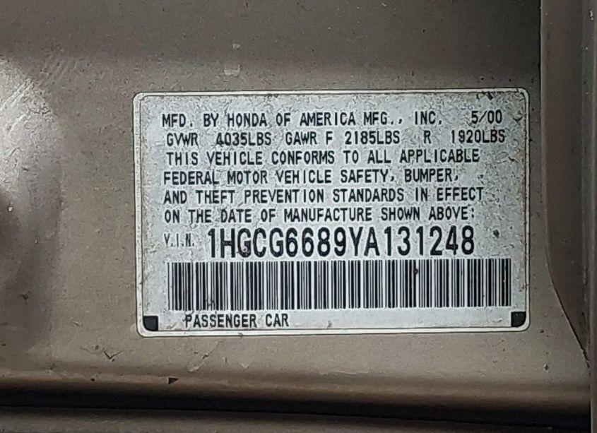 Photo 9 of 2000 Honda Accord 2.3 EX (VIN 1HGCG6689YA131248)