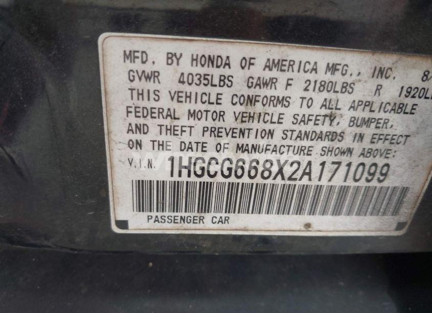 Photo 9 of 2002 Honda Accord 2.3 EX/2.3 SE (VIN 1HGCG668X2A171099)