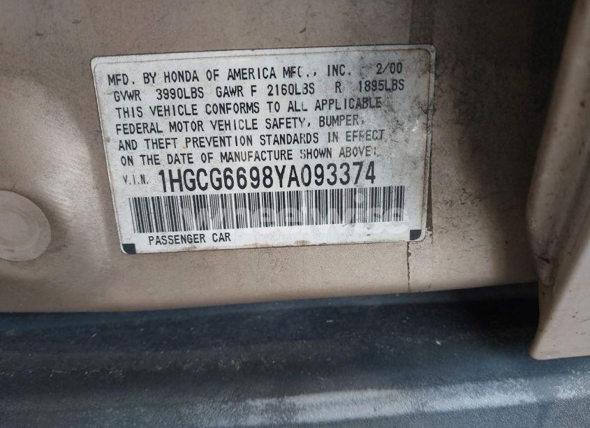 Photo 9 of 2000 Honda Accord 2.3 SE (VIN 1HGCG6698YA093374)