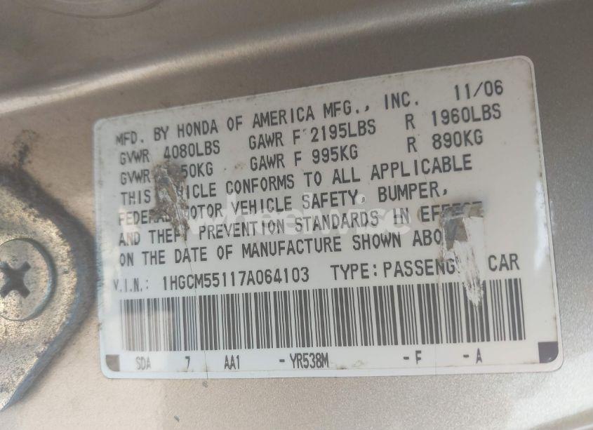 Photo 9 of 2007 Honda Accord 2.4 VP (VIN 1HGCM55117A064103)