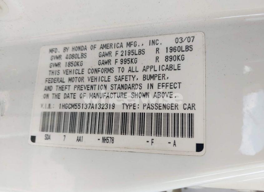 Photo 9 of 2007 Honda Accord 2.4 VP (VIN 1HGCM55137A132319)