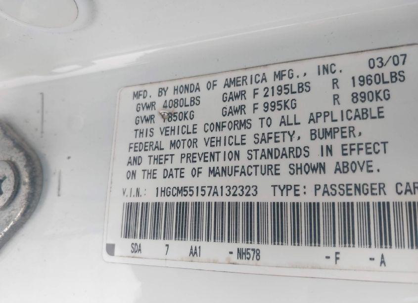 Photo 9 of 2007 Honda Accord 2.4 VP (VIN 1HGCM55157A132323)