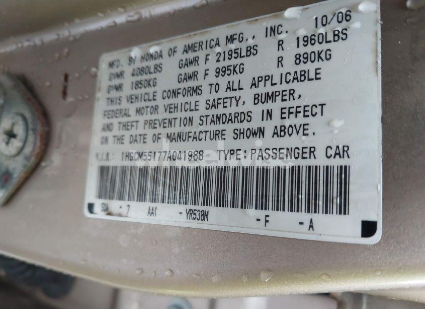 Photo 9 of 2007 Honda Accord 2.4 VP (VIN 1HGCM55177A041988)