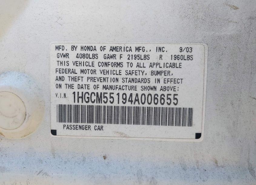 Photo 9 of 2004 Honda Accord 2.4 DX (VIN 1HGCM55194A006655)