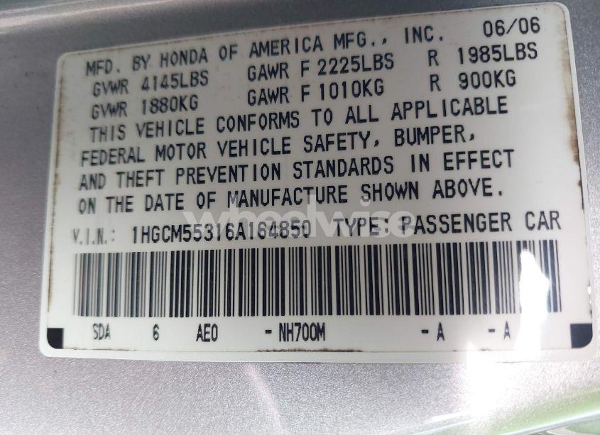 Photo 9 of 2006 Honda Accord 2.4 SE (VIN 1HGCM55316A164850)