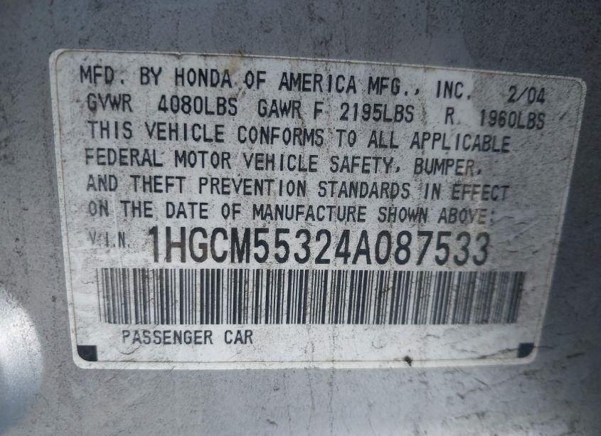 Photo 9 of 2004 Honda Accord 2.4 LX (VIN 1HGCM55324A087533)