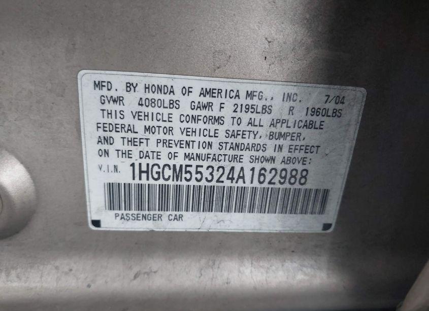 Photo 9 of 2004 Honda Accord 2.4 LX (VIN 1HGCM55324A162988)