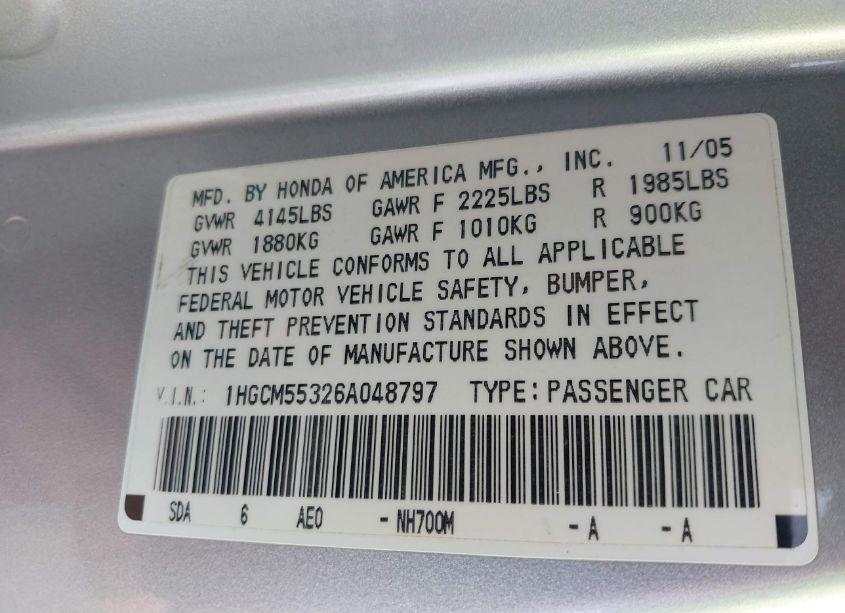 Photo 9 of 2006 Honda Accord 2.4 SE (VIN 1HGCM55326A048797)