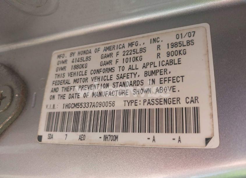 Photo 9 of 2007 Honda Accord 2.4 SE (VIN 1HGCM55337A090056)