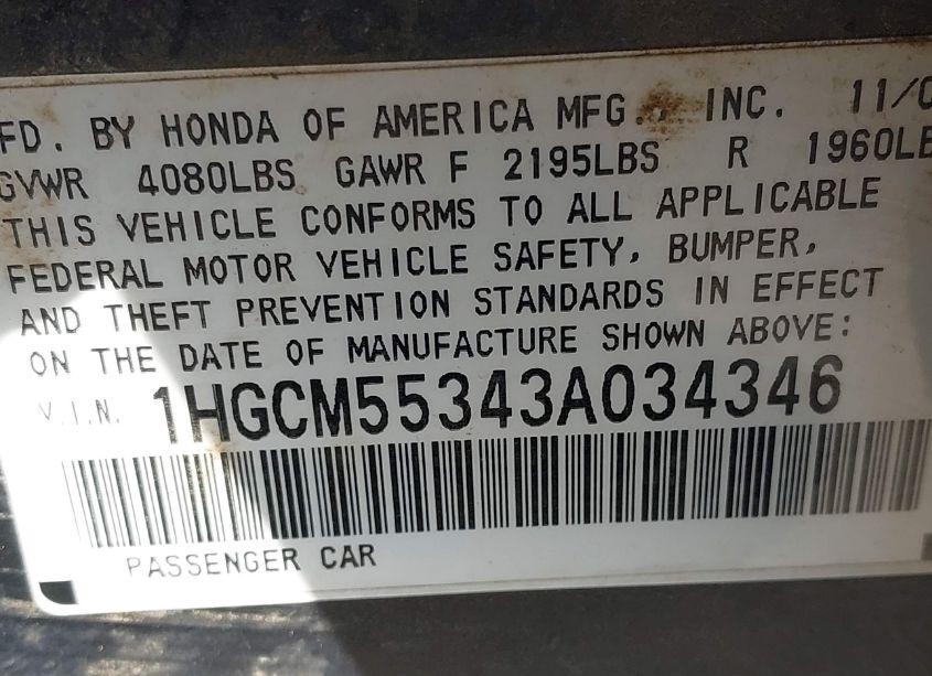 Photo 9 of 2003 Honda Accord 2.4 LX (VIN 1HGCM55343A034346)