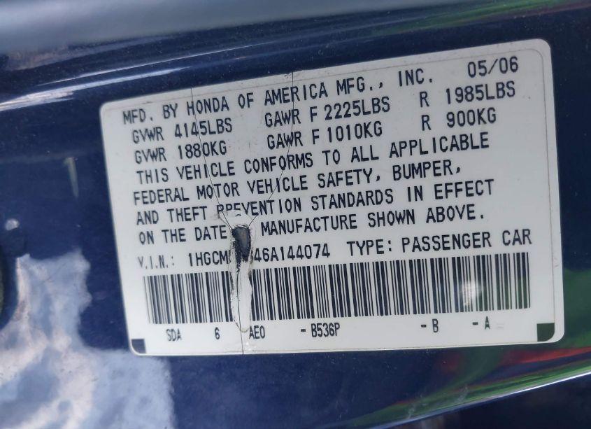 Photo 9 of 2006 Honda Accord 2.4 SE (VIN 1HGCM55346A144074)