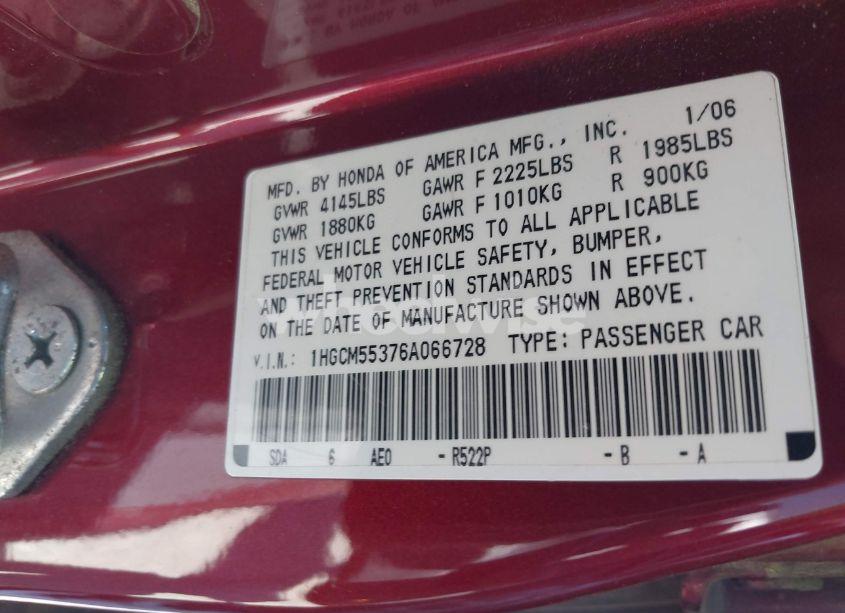 Photo 9 of 2006 Honda Accord 2.4 SE (VIN 1HGCM55376A066728)