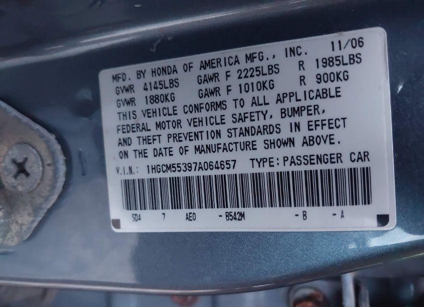 Photo 9 of 2007 Honda Accord 2.4 SE (VIN 1HGCM55397A064657)