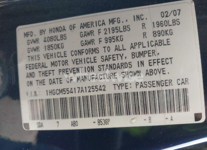 Photo 9 of 2007 Honda Accord 2.4 LX (VIN 1HGCM55417A125542)