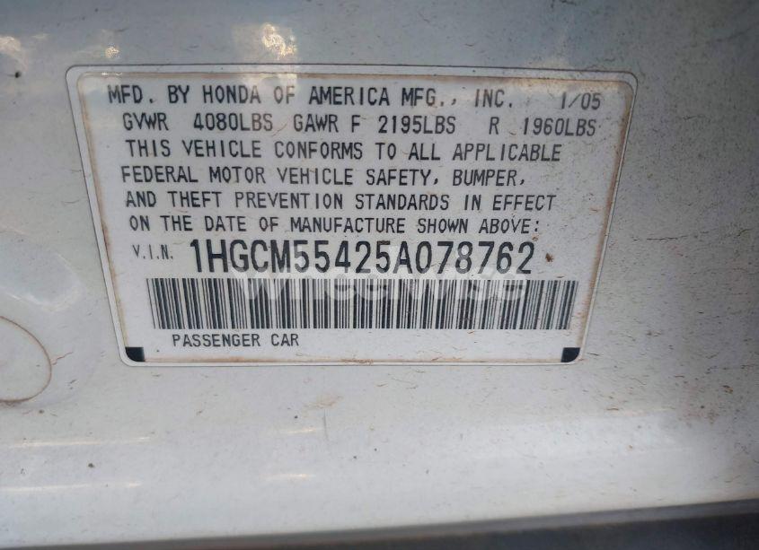 Photo 9 of 2005 Honda Accord 2.4 LX (VIN 1HGCM55425A078762)