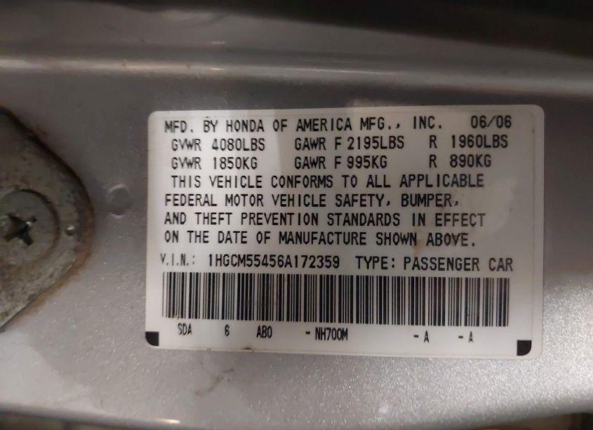 Photo 9 of 2006 Honda Accord 2.4 LX (VIN 1HGCM55456A172359)