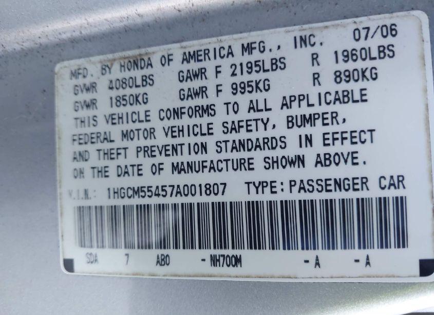 Photo 9 of 2007 Honda Accord 2.4 LX (VIN 1HGCM55457A001807)