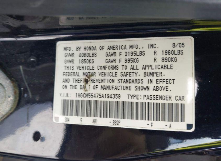 Photo 9 of 2005 Honda Accord 2.4 LX (VIN 1HGCM55475A194359)