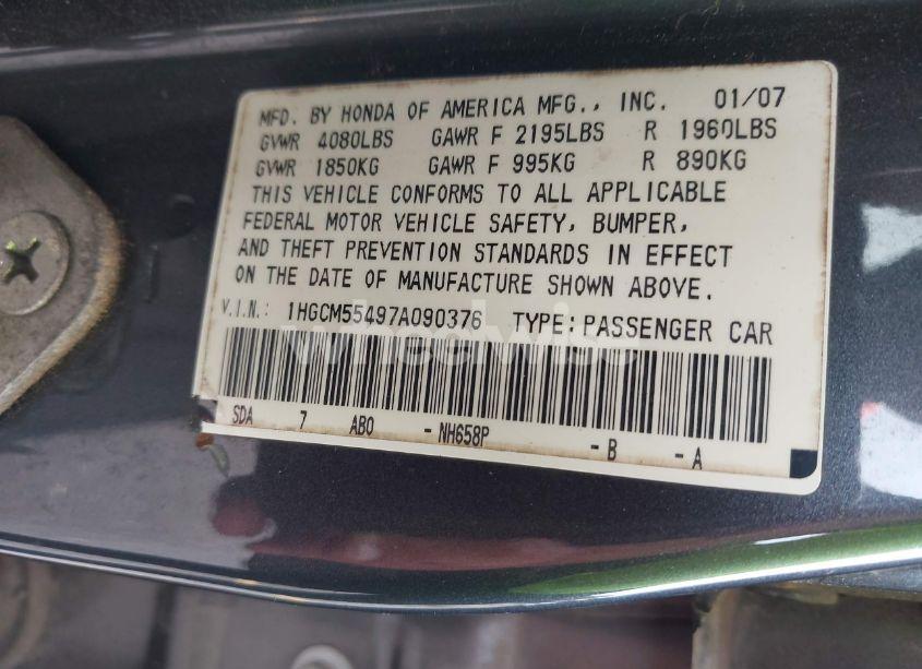 Photo 9 of 2007 Honda Accord 2.4 LX (VIN 1HGCM55497A090376)