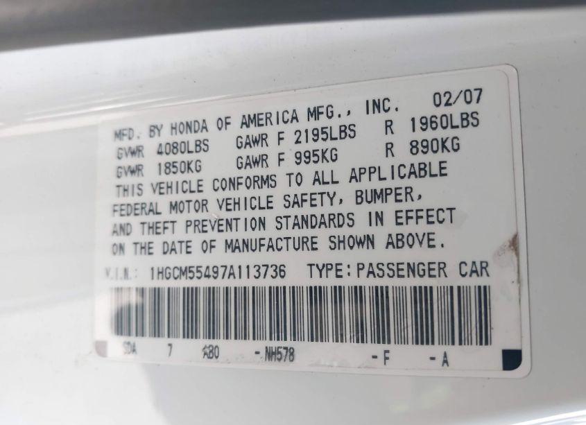 Photo 9 of 2007 Honda Accord 2.4 LX (VIN 1HGCM55497A113736)