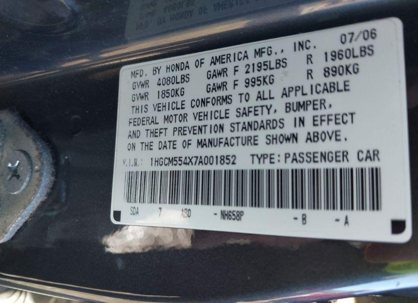 Photo 9 of 2007 Honda Accord 2.4 LX (VIN 1HGCM554X7A001852)
