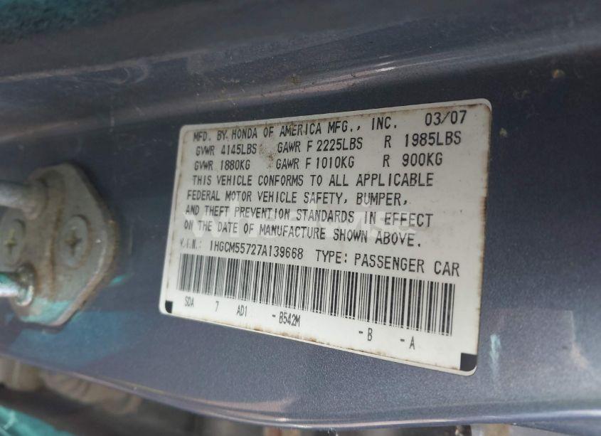 Photo 9 of 2007 Honda Accord 2.4 EX (VIN 1HGCM55727A139668)