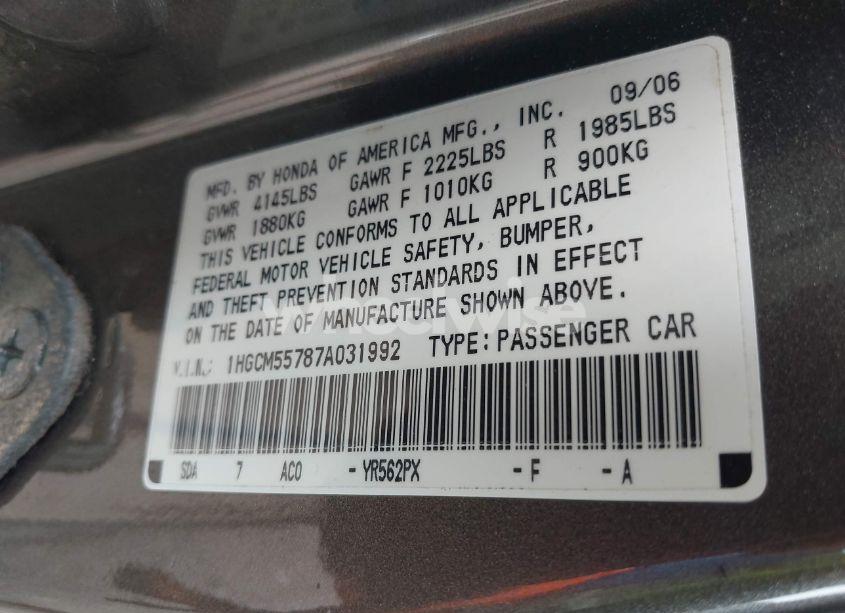 Photo 9 of 2007 Honda Accord 2.4 EX (VIN 1HGCM55787A031992)