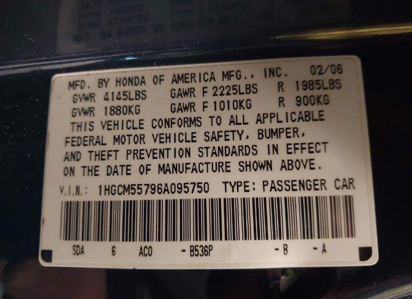Photo 9 of 2006 Honda Accord 2.4 EX (VIN 1HGCM55796A095750)