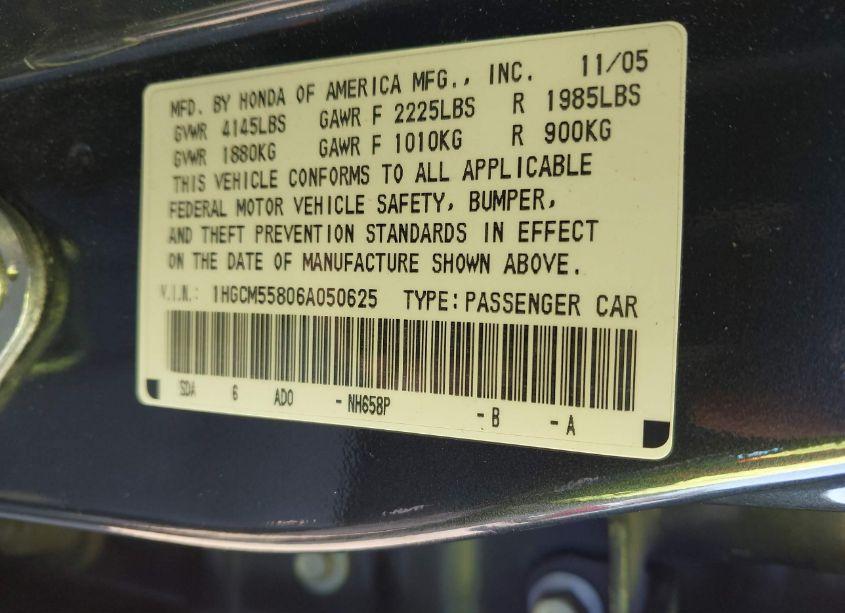 Photo 9 of 2006 Honda Accord 2.4 EX (VIN 1HGCM55806A050625)