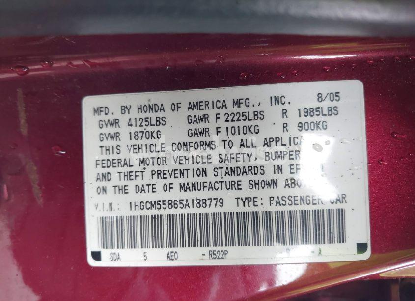 Photo 9 of 2005 Honda Accord 2.4 EX (VIN 1HGCM55865A188779)
