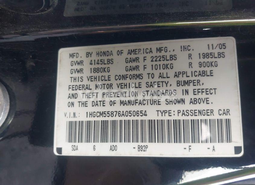 Photo 9 of 2006 Honda Accord 2.4 EX (VIN 1HGCM55876A050654)
