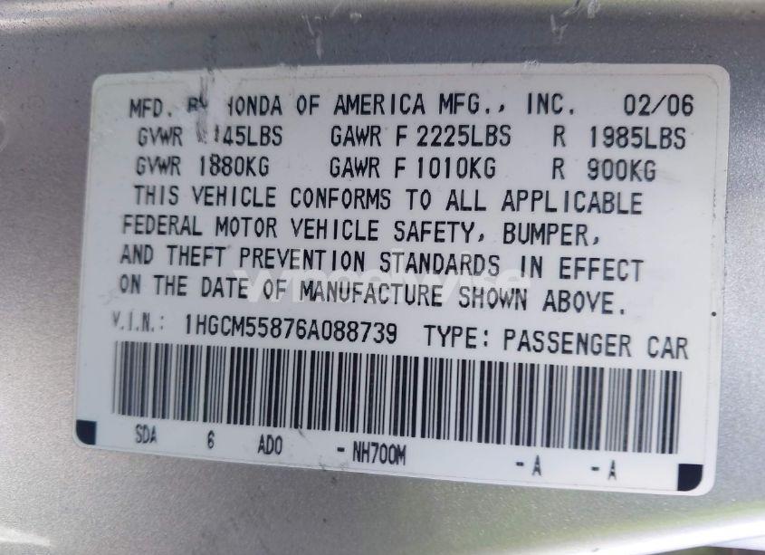 Photo 9 of 2006 Honda Accord 2.4 EX (VIN 1HGCM55876A088739)