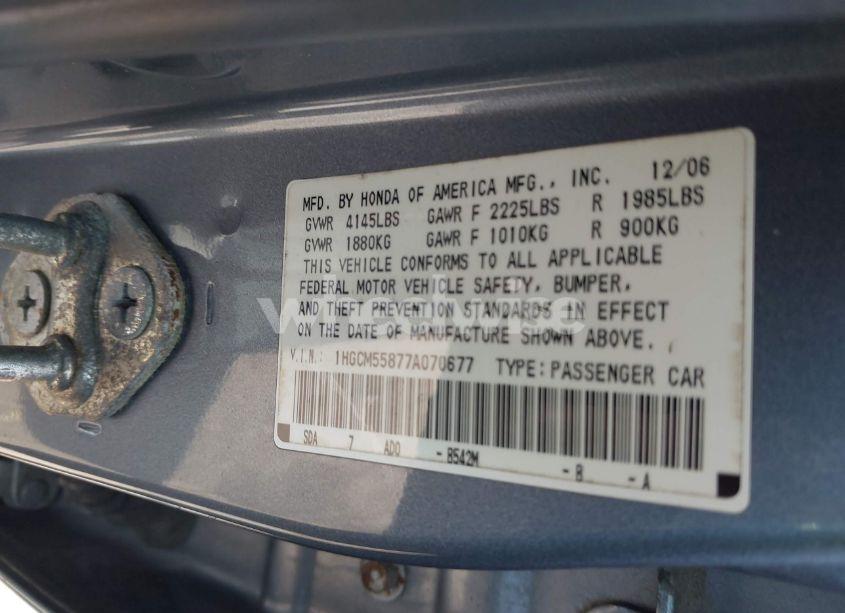 Photo 9 of 2007 Honda Accord 2.4 EX (VIN 1HGCM55877A070677)