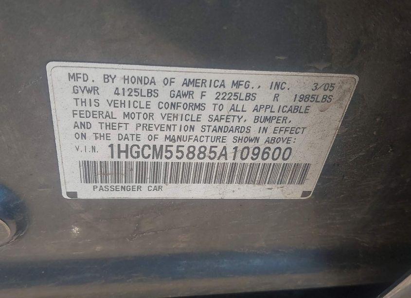 Photo 9 of 2005 Honda Accord 2.4 EX (VIN 1HGCM55885A109600)