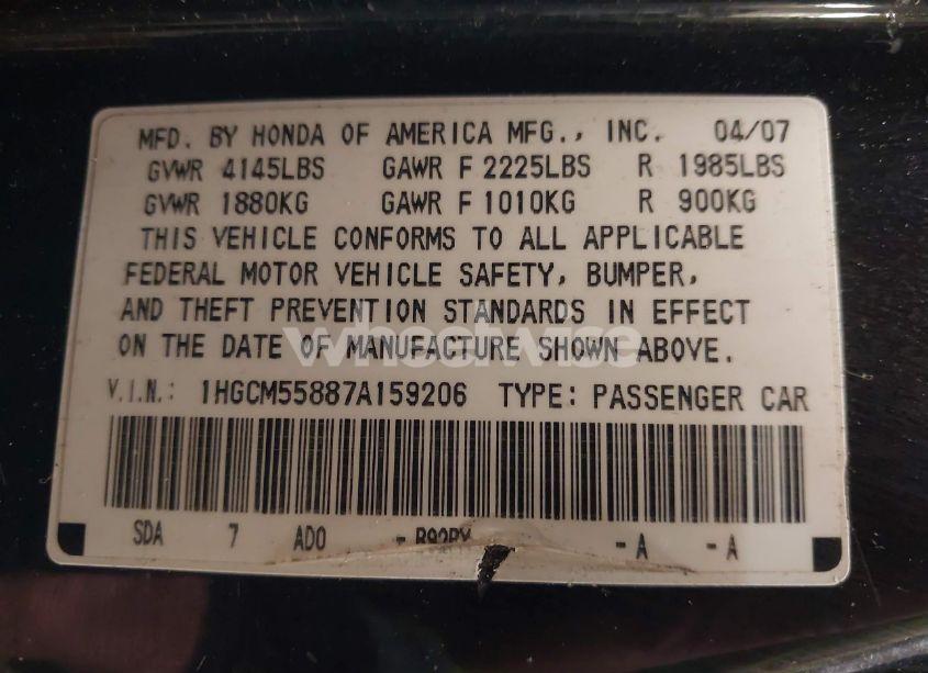 Photo 9 of 2007 Honda Accord 2.4 EX (VIN 1HGCM55887A159206)