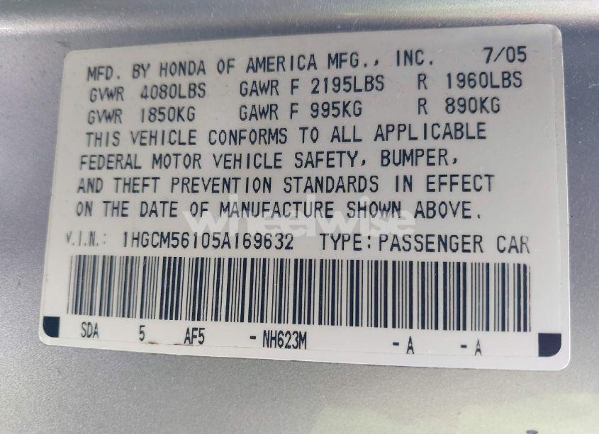 Photo 9 of 2005 Honda Accord 2.4 DX (VIN 1HGCM56105A169632)